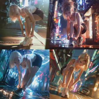 一位时尚女性身穿白色体恤和黑色短裙，现代休闲风格，模仿龙珠18号发型，在都市街头弯腰整理鞋带，动态抓拍，广角镜头，浅景深，自然光与霓虹灯混合照明，赛博朋克色调，活力与自信情绪，高清摄影，电影感，运动模糊，街头时尚。