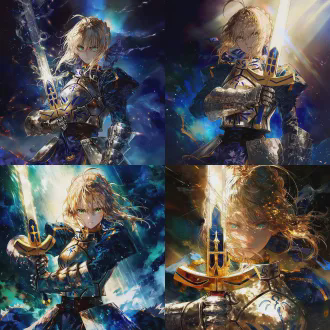 in fate/stay night, artoria pendragon holds excalibur. she is clad in magnificent armor with unique textures. she has a resolute expression, and her hair is fluttering in the wind. she stands against a mysterious and fantastical background with radiant lights. japanese anime style, the picture style is majestic and full of fantasy colors.