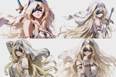 (((anime))) ，an extremely charming anime woman character with long blond hair，the image is reminiscent of the sword maiden in (goblin slayer)，details crafted to the extreme，the style is similar to the works of tawaraya sōtatsu and nishikawa rosetsu，graceful posture, noble temperament. the face features extremely exquisite makeup, in a dynamic pose， rich in color, clear texture and a strong contrast of light and shadow