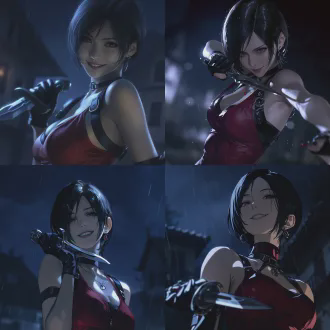 艾达王，红色连衣裙，黑色短发，神秘微笑，生化危机4重制版风格，黑暗雨夜，西班牙村庄，电影级特写，柔焦背景，戏剧性顶光，手持匕首，动态姿势，危险而优雅，冷色调，红色点缀，紧张悬疑氛围。