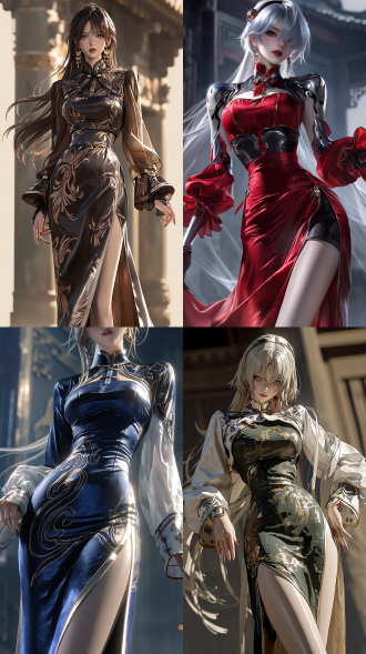 ultra - detailed, 2.5d anime illustrations style. the hand dynasty of china and cyber armor beauty, inspired by the art style of nier: automata and resembling 2b. her exquisite makeup, the expression is (charming). the chest has a noticeable bulge outward contour, has long, shapely legs, and her long hair flows gracefully. she strikes a coquettishly dynamic pose with a slightly curved waist and one hip subtly lifted to form a charming body arc. she is wearing hanfu ruqun( a delicate and lightweight long dress made of silk.) on the upper body, she pairs it with a traditional hanfu silk blouse. the cuffs of the blouse are designed in a slightly open traditional slitted style, with narrow piping trim of cyber - armor along the edges. the fabric of her clothes, and the texture of her skin are all highly realistic. cinematic lighting enhances the atmosphere. the depth - of - field effect softly blurs the background, and high - contrast lighting accentuates details. the background features han - dynasty - style architecture. the composition incorporates excellent physical effects and is rich in details.