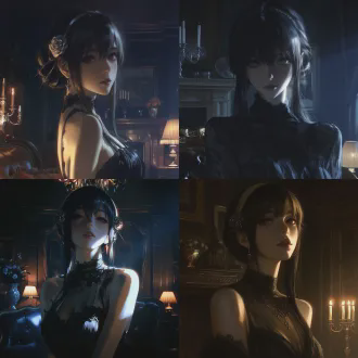 portrait close-up, yor forger from spy x family, tall and elegant posture, wearing a semi-transparent black lace evening gown, mysterious and alert expression, in a vintage luxury living room, dim ambient lighting, cinematic composition, soft-focus lens, dramatic side lighting, intertwined cool tones & warm glows, mysterious and dangerous atmosphere, high contrast,