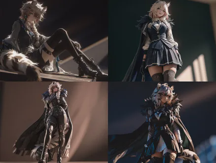 (full-body):20 telephoto portrait, silverash from arknights with a princess braid accentuating her curvy figure and thighs with gracefully curved posture, bold contrasting colors, cinematic rim lighting, dramatic light and shadow depth, strong 3d effect, simple blurred background, focus on the character, rich details, realistic rendering, clear costume texture, vivid facial expression