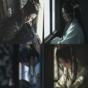 slightly low angle telephoto portrait, 2.5d anime cg and dynasty warriors: origins art style, an elegant and graceful lady with a realistic look. graceful figure, soft melancholic temperament, exquisite face, long flowing black hair, ancient hair ornament, sitting quietly by the window, heartbroken expression, painful sorrowful gaze, tears streaming down cheeks, lonely desolate atmosphere, elegant hanfu, dimly lit ancient room, cinematic lighting, blurred background, distinct color contrast, 8k, ultra-detailed, realistic details to give the character a sense of authenticity