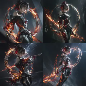 portrait of claevatain from arknights: endfield, with a realistic look, graceful figure, exquisite face, calm and aloof demeanor, pale cool skin, deep red mixed with dark gold hair, often in high ponytail or neat short hair. wearing black, fiery red, matte silver lightweight combat suit, off - shoulder top with slim - fit pants, equipped with knee pads and metal bracers, blaze patterns on clothes glowing orange - red and bright gold. holding a blazing energy sword, a cracked runic metal ring floating behind, emitting orange - red energy. no pointed ears, original classic costume, jumping action, dynamic leap, slight motion blur, subtle combat effects, arknights style urban street background, simple clean background, heavily blurred background, cinematic lighting, high contrast light and shadow, focus on the character, strong lighting contrast, 3d anime cg production, distinct color contrast, 8k, ultra - detailed, realistic details to give the character a sense of authenticity