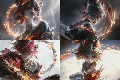 portrait of lævatin from arknights: endfield, with a realistic look, golden sharp eyes, graceful figure, exquisite face, calm and aloof demeanor, pale cool skin, deep red mixed with dark gold hair, often in high ponytail or neat short hair. wearing black, fiery red, matte silver lightweight combat suit, off - shoulder top with slim - fit pants, equipped with knee pads and metal bracers, blaze patterns on clothes glowing orange - red and bright gold. holding a blazing energy sword, a cracked runic metal ring floating behind, emitting orange - red energy. no pointed ears, original classic costume, jumping action, dynamic leap, slight motion blur, subtle combat effects, arknights style urban street background, simple clean background, heavily blurred background, cinematic lighting, high contrast light and shadow, focus on the character, strong lighting contrast, 3d anime cg production, distinct color contrast, 8k, ultra - detailed, realistic details to give the character a sense of authenticity