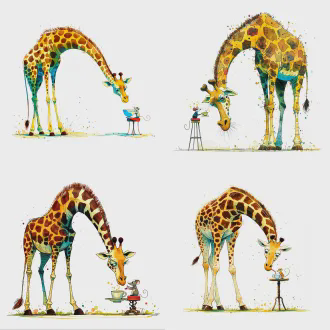 giant giraffe bending its long neck down to have tea with a tiny mouse on a toadstool, quentin blake style, scratchy ink lines with watercolor wash, humorous contrast in size, clumsy but gentle posture, loose brushstrokes, pastel colors with splashes of ink, vibrant and whimsical, exaggerated expressions, white background, expressive lines,