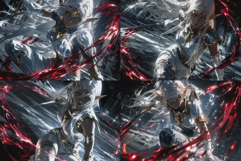 best quality 3d anime cgi, pirotess from record of lodoss war, dark elf, long white hair, gold eyes, dark skin, white bodysuit, armor and gloves with gold trim, boots, cold expression, curvy figure with prominent bust and well-shaped hips, holding a flowing black energy sword, surrounded by red ice energy, dynamic combat pose, slight motion blur, subtle combat effects, urban street background, heavily blurred background, cinematic lighting, high contrast, vibrant colors, ultra-detailed, realistic details to give the character a sense of authenticity