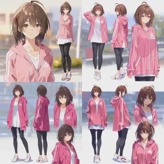 best quality, anime cg, a young and attractive woman with shoulder-length short hair, side hair tied with a red hair tie, hanging naturally with the hair, with a cute ahoge, cold, distant and lazy expression, wearing a pink hooded sports jacket with white stripes and brand logo, long white inner shirt, hem visible and covering hips, black tight-fitting sports leggings, white sneakers with red details, makoto shinkai style city background, blurred background, cinematic lighting, distinct color contrast, realistic details, medium shot, multiple angles, multiple actions