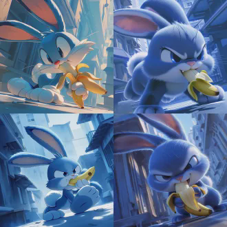 a 3d cartoon rogue rabbit with a ruffian look, walking and eating a banana, exuding a ruffian and unruly demeanor, vivid and lively. angled composition, residential area with tall buildings, soft lighting, close-up shot, high detail rendering, pixar animation style, main color scheme is comfortable and pleasant blue, 8k, high definition