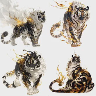 best quality, .25d hyper-realistic ancient mythical creature, black-and-white tiger, golden flames burning on the back, mysterious black-white with gilded silver markings, ethereal and majestic, auspicious and powerful, exquisite fur texture, clean background, chinese style fantasy, 8k, high definition