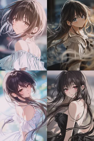 nijigen illustration style anime cgi, beautiful girl, soft and affectionate gaze, quiet and romantic atmosphere, elegant dynamic posture, beautiful flowing lines, over-the-shoulder shot, character-focused, blurred and hazy background, shallow depth of field and contrast, high saturation, delicate textures, cinematic quality