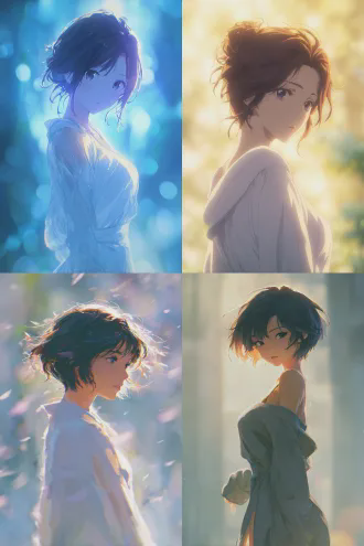 nijigen illustration style anime cgi, beautiful girl, soft and affectionate gaze, quiet and romantic atmosphere, elegant dynamic posture, beautiful flowing lines, character-focused, blurred and hazy background, shallow depth of field and contrast, high saturation, delicate textures, cinematic quality