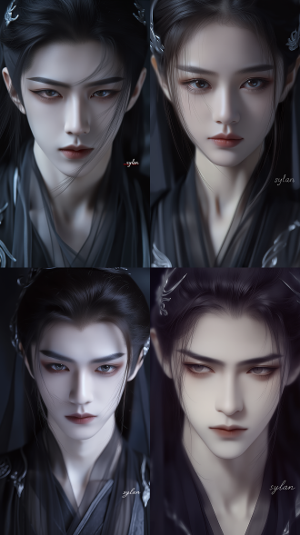 aspect ratio 9:16, vertical screen, realistic photographic style, ancient chinese cold and glamorous female, front portrait, extreme close-up, face almost fills the frame, eyes at the visual center, looking directly at the camera, strong facial focus. elegant and dangerous temperament, cold, mysterious, restrained, martial arts heroine, sect master, scheming beauty, quiet with gentle pressure. narrow oval face, delicate bone structure, smooth forehead, neat hairline, slim cheekbones, clear jawline, small and slightly pointed chin, no excess fullness. exquisite facial features: long narrow almond eyes, sharp inner corners, slightly raised outer corners, narrow double eyelids, delicate under-eyes, calm and distant gaze, no innocence. long clustered upper lashes, defined lower lashes, dark grey-brown eye makeup for depth and cold charm. straight delicate nose, smooth bridge, small rounded tip, narrow nostrils. medium-thin lips, clear cupid’s bow, natural straight mouth, no sweet expression. cold white skin, matte velvet texture, clean and smooth, subtle highlights on nose and forehead, soft contouring, no oily shine. refined ancient chinese makeup: cool brown and grey-brown eye shadow, sharp thin eyeliner, low saturation rose-brown matte lips. long straight black hair, middle part, naturally drapes the face, a few loose strands, no hair accessories covering facial features. matching lightweight black tulle and subtle dark silver hair ornaments. black dark grey ancient martial arts clothing, soft draped fabric, layered black tulle, delicate silver details, clean neckline, assassin style. soft directional front lighting, clear facial features, slight shadows on hair and tulle, cool tone, dark blurred background, movie-level photographic texture, high definition, ultra-detailed, professional retouch. small clean signature "sylan" in the lower right corner, low saturation white or dark red-brown, low profile, elegant.