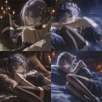 a beauty resembling rem, silver-purple hair neatly coiled into a bun, adorned with golden hairpins and elegant golden earrings, smooth skin texture, alluring and graceful figure, lying on her side on a bed with legs bent and gently overlapping, back with elegant curves, wearing a dress and sleek black stockings, dim flickering lights, eerie mysterious atmosphere, anime cgi art style, finely detailed rendering, best quality, masterpiece, no deformities, sharp focus, hyper detailed