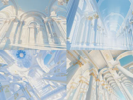 best quality, masterpiece, parallel perspective (axonometric projection) scene, clean and neat lines, balanced composition, soft celestial light, simple and pure color matching, pure gold, blinding white, celestial azure, no redundant elements, sharp focus, hyper detailed, cinematic lighting