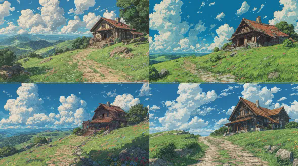16:9, wide panoramic view, classic jrpg anime style, sunny day, bright blue sky, white clouds, lush green hills, colorful wildflowers, cozy wooden inn and tavern in oriental fantasy style, warm sunlight, gentle wind, peaceful atmosphere, soft lighting, high detail, vibrant colors, 8k, high definition, masterpiece, cinematic composition