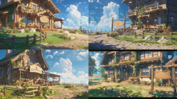 16:9 wide - format outdoor scene, two - point perspective, tales of arise - inspired style. a two - story wooden - and - brick inn with a swinging wooden signboard engraved with a goblet - and - sword logo. around the inn, scattered potted plants with colorful flowers, a small wooden fence around a patch of green grass, and some decorative stones. a winding cobblestone path nearby. in the background, bright blue sky, white clouds, and colorful flowers blooming in the distance. warm sunlight, soft lighting, high - detail, vibrant colors, 8k resolution, cinematic composition, 2.5d hyper - realistic style rendered by unreal engine 5. gentle breeze, peaceful atmosphere.