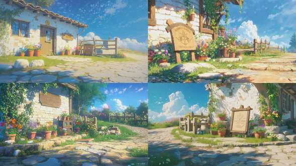 16:9 wide - format outdoor scene, two - point perspective, tales of arise - inspired style. a white brick - walled tavern with a wooden signboard engraved with a goblet - and - sword logo. around the tavern, scattered potted plants with colorful flowers, a small wooden fence around a patch of green grass, and some decorative stones. a winding cobblestone path nearby. in the background, bright blue sky, white clouds, and colorful flowers blooming in the distance. warm sunlight, soft lighting, high - detail, vibrant colors, 8k resolution, cinematic composition, 2.5d hyper - realistic style rendered by unreal engine 5. gentle breeze, peaceful atmosphere.