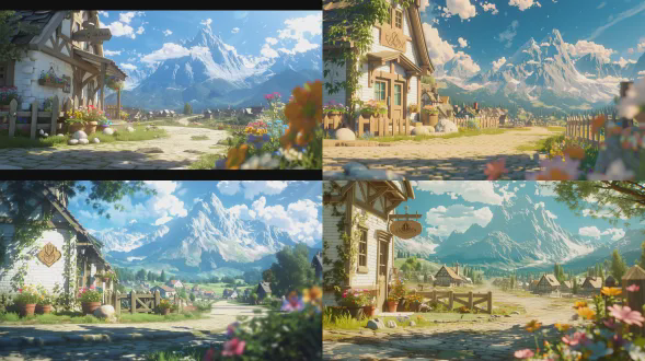 16:9 wide-format outdoor scene, natural perspective, tales of arise inspired style. a white brick tavern with a wooden sign engraved with a goblet and sword logo. scattered potted plants with colorful flowers around the tavern, a small wooden fence enclosing a patch of green grass, and some decorative stones. a winding cobblestone path nearby. in the middle distance, houses line the road toward the village entrance. towering majestic mountains in the far distance. bright blue sky with soft white clouds, vibrant flowers blooming in the foreground and distance. warm sunlight, soft lighting, peaceful atmosphere, gentle breeze. depth of field, slightly blurred foreground and background. cinematic composition, vibrant colors, high detail, unreal engine 5 rendering, hyper-realistic, 8k resolution