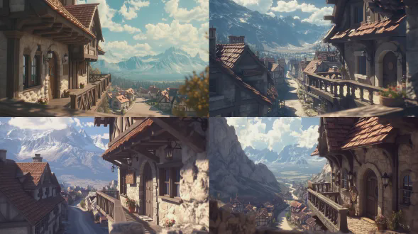 16:9 wide-format, panoramic view, seen from the second-floor balcony of the tavern, game cinematic camera, two-point perspective, realistic western fantasy style, tales of arise-inspired art style. rustic stone-and-wood tavern: rough stone walls, dark wooden frames, reddish-brown tiled roof, gabled windows, stone arch wooden door, vintage wall lanterns, wooden sign with goblet-and-sword emblem. simple potted flowers on the balcony, clean open view, no obstructions. winding cobblestone road extending toward the village, neatly arranged houses along the path in the mid-distance. majestic towering mountains in the far distance, visible all the way to the horizon. bright blue sky with soft white clouds, warm natural sunlight, gentle breeze, calm and quiet atmosphere. depth of field, slightly blurred foreground, clear mid-ground and distant background, sharp focus on the landscape. photorealistic textures, unreal engine 5 rendering, 8k ultra-high definition, natural colors, delicate light and shadow layering