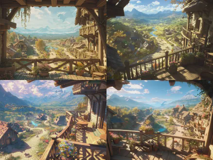 16:9 wide-format, panoramic view from the second-floor inn balcony, game cinematic shot, tales of arise-inspired 3d realistic acg fantasy style. the balcony is the main focus, with wooden railings, potted flowers, simple wooden furniture, and a rustic stone-and-wood inn exterior. winding medieval cobblestone paths splitting into two directions, a clear small river flowing in the middle distance. villagers and livestock roaming peacefully in the village. unobstructed open view, vibrant colorful vegetation, distant houses along the paths. towering mountains stretching to the horizon, faint dragon silhouette in the far sky, bright blue sky with soft clouds, warm golden sunlight, gentle breeze, peaceful fantasy atmosphere. vibrant rich colors, depth of field, clear distant view, 3d realistic rendering, unreal engine 5, 8k