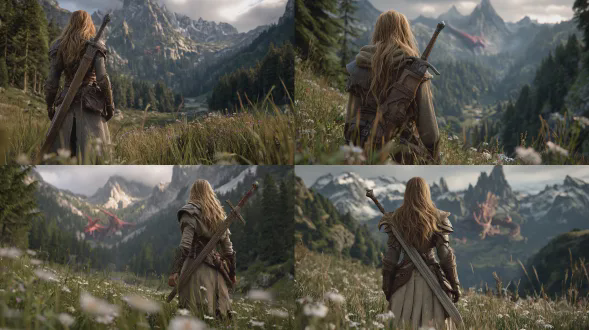 3d hyper-realistic, ultra-realistic textures, unreal engine 5 render, viewed from inside the forest, low angle, parallel perspective, main focus on female adventurer, ultra-close foreground slightly blurred, beautiful female adventurer from behind, long golden hair, longsword on back, standing on grass with fresh flowers, soft natural light, middle ground: vast medieval fantasy plains, rolling hills, lush forests, winding rivers, background: towering majestic mountains, massive red western dragon resting among peaks, only part of body visible, epic and shocking atmosphere, dramatic lighting, soft clouds, 8k, high detail, cinematic composition, photorealistic, sharp focus