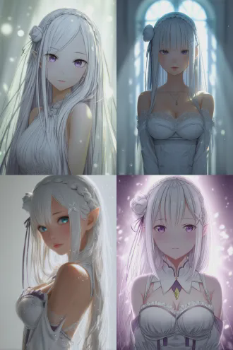 emilia from re:zero, elven ethereal beauty, cold elegant temperament, gentle quiet pose, pale cold tone, simple clean background, soft line art, faint glowing aura, realistic anime style, fairy atmosphere, delicate details, 8k, high definition