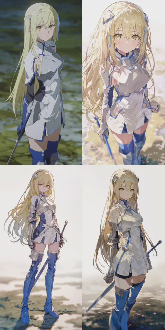 rich lush vibrant color anime cgi photo, ais wallenstein from is it wrong to try to pick up girls in a dungeon, elegant graceful swordswoman, long neat blonde hair, delicate simple hair ornaments, sharp resolute eyes, elegant and noble temperament, poised and dignified posture, calm serene expression, wearing ais wallenstein classic knight battle uniform, smooth and slender legs, standing on a damp ground, overcast weather, simple anime original background, volumetric lighting, depth of field, atmospheric perspective, ambient occlusion, rich and delicate coloring, intricate fine details, soft blurred background, 8k, ultra detailed