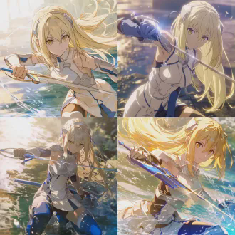 rich lush vibrant color anime cgi photo, ais wallenstein from is it wrong to try to pick up girls in a dungeon, elegant graceful swordswoman, long neat blonde hair, delicate simple hair ornaments, sharp resolute eyes, elegant and noble temperament, poised and dignified dynamic combat posture, calm serene expression, performing her unique sword-fighting stunts, wearing ais wallenstein classic knight battle uniform, smooth and slender legs, standing on a damp ground, sunny weather, anime original background, volumetric lighting, depth of field, atmospheric perspective, ambient occlusion, rich and delicate coloring, intricate fine details, soft blurred background, 8k, ultra detailed