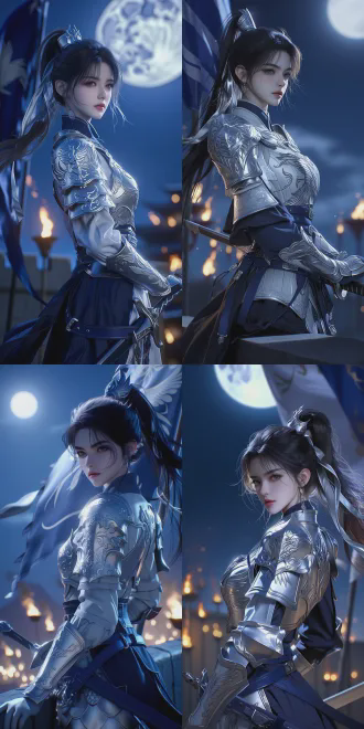 8k ultra-high definition, 写实oc rendering, high-end cg texture, depth of field effect. an ancient-style female general stands on a city wall under a full moon. her cool white skin exudes a delicate luster, with her cheeks and armor outlined by moonlight in soft contours. her long black hair is tied into a high ponytail with a silver ribbon, and a few strands flutter in the wind. she has sharp phoenix eyes, bold eyebrows, and her lips are pressed tightly. she wears silver-white light armor engraved with cloud and crane patterns, with a dark blue battle robe underneath, and a sword hangs from a navy blue belt around her waist. the battle flag flutters behind her, and distant torches blur into golden bokeh. in a low-angle medium shot, she turns slightly sideways, one hand on the hilt of her sword and the other behind her back. the blue-silver color scheme highlights her cold and heroic aura.