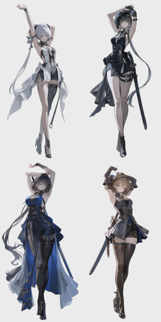 wuthering waves style, full body cg portrait illustration, (((female swordswoman))), stretching with arms raised, lazy expression, fine features, voluptuous curvy figure, (elegant curved back), prominent back lines, slender long legs with thigh rings, soft fleshy skin, realistic physical interaction between clothing and skin, realistic fabric tension, fantasy outfit, masterpiece, ultra detailed, no animals, no creatures