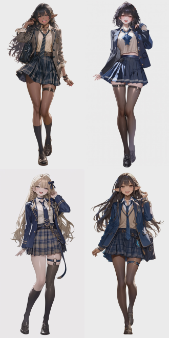wuthering waves style, muramasa: the demon blade, full body cg portrait illustration, (((female high school student))), lively posture, cheerful expression, fine features, voluptuous curvy figure, slender long legs with thigh rings, soft fleshy skin, realistic physical interaction between clothing and skin, realistic fabric tension, fantasy outfit, masterpiece, ultra detailed