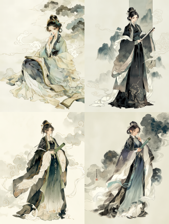 chinese ink wash, ukiyo-e elements, soft watercolor, (zenless zone zero style), medium full shot, ((a female scholar in fantasy world)), oriental fantasy mage robes, holding jade scroll, calm contemplative expression, slender elegant figure, mist background, floating ink clouds, subtle color gradient, thin ink line art, muted elegant tones, flowing fabric, delicate skin texture, masterpiece, ultra detailed