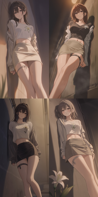 in the style of azarashi soft, anime illustration, delicate skin rendering, well-composed frame optimized for 4:3 ratio, low angle medium close-up shot, mature beautiful woman, ((melancholy and indifferent expression)), narrow slender eye shape, resting relaxed pose, leaning against wall, head slightly lowered, lonely and withdrawn body language, elegant curvy figure, slender long legs, soft supple skin with natural fleshy texture, smooth slightly luminous skin, casual modern summer outfit, oversized crop t-shirt, lightweight summer jacket draped over shoulders, casual short skirt, small lily flower emblem on chest, fabric thigh strap, soft cloth leg ring, textile material leg accessory, clean natural leg styling, quiet old alley resting corner, warm dim ambient light, soft mist, damp ground, shallow depth of field, global illumination, subtle film grain, refined clean details