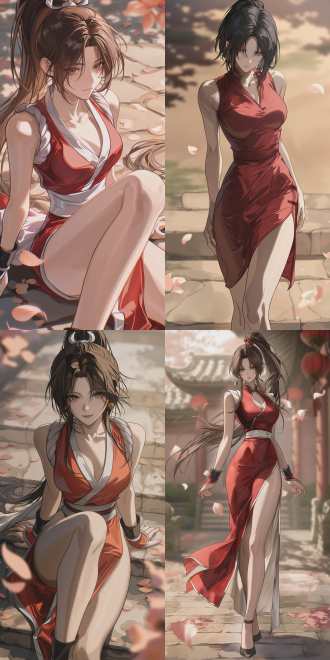 in the style of piromizu illustration cg illustration, medium close-up shot, well-composed frame optimized for 4:3 ratio, stunning mature woman resembling mai shiranui, ((melancholy and indifferent expression)), narrow slender eye shape, elegant dynamic pose, elegant curvy figure, slender long legs, soft supple skin with natural fleshy texture, smooth slightly luminous skin, classic original costume of mai shiranui, jiangnan courtyard, stone path, floating peach petals, faint flower mist, full warm tone lighting, shallow depth of field, subtle film grain, refined clean details