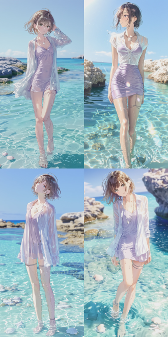 zenless zone zero style cg illustration, original beautiful young girl emerging from clear turquoise water, moment of stepping out of the sea, medium close-up shot, shot with 135mm f/2.8 telephoto lens, natural snapshot angle, head tilted upward, narrow slender eye shape, charming alluring gaze, elegant static pose in shallow water, well-proportioned figure, youthful slender build, long legs, soft supple skin with natural fleshy texture, smooth slightly luminous skin, water droplets on skin and fabric, gentle ripples around body, beach vacation outfit, lightweight white linen beach shirt unbuttoned, pale lavender slip dress underneath, thin shell necklace, barefoot with delicate ankle chains, small decorative garter straps, tropical island beach background, rough coastal reefs beside the sand, scattered white seashells, cloudless blue sky, soft golden sunset sunlight, salty sea breeze, fresh seaside atmosphere, global illumination effect, subtle water surface reflection, shallow depth of field, subtle film grain, refined clean details