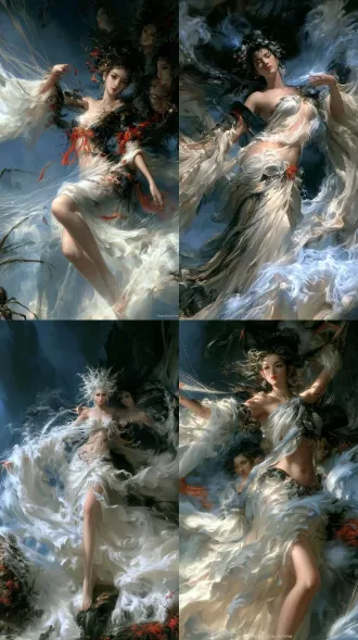 中国古典神话《西游记》蜘蛛精，伦勃朗光，‌生得玉质冰肌，花容月貌.肌肤像浸了千年的温泉水，泛着细腻莹润的柔光。眉眼各有风情：大姐眉如翠黛自带几分首领的沉稳，幺妹眼似秋水藏着少女的娇俏，站在一起时环肥燕瘦，却都透着山野精怪独有的鲜活媚态。走动时衣袂轻扬，露出来的小臂与脚踝线条玲珑，肚脐处隐约泛着银白的微光，正是能吐出蛛丝的灵窍所在，完全是盘丝岭荒烟里养出的美丽妖群。