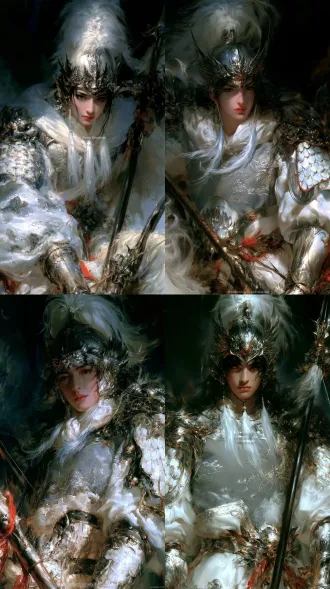 中国四大名著《三国演义》人物全身肖像画，杰作，顶级画质，极致细节，史诗级古典奇幻岩彩绘画，张郃：面如冠玉，肤色是像羊脂白玉一样的温润白色，脸型是线条流畅的俊朗长脸，是五子良将中最具儒雅气质的智将相貌。眉毛细长如远山，眉形舒展上扬，眼如朗星，瞳仁清亮有神，眼神中带着几分书卷气的从容，丝毫不见普通武将的粗野。鼻梁高挺秀气，唇如涂脂，唇色红润，颌下三缕清须飘在胸前，胡须洁白如银丝，梳理得自然飘逸。他常年身着儒雅的戎装，相貌俊伟，谈吐从容，哪怕是在蜀军的阵前，也能凭气度让对方心生忌惮，是三国后期少有的“智貌双全”的名将。戴白银卷边凤翅盔，盔顶立素白缨，内衬月白软甲，外罩银灰绣云战袍，袍身用银线绣满地形云纹，暗合他善用地形的用兵特点。身上披银白拼接札甲，臂甲处特意加宽适配开弓动作，腰间挂铁胎强弓，手中握持“巧变枪”，枪头做成多棱形状，刺击角度刁钻难防，连诸葛亮都对他十分忌惮，是三国后期少有的能和蜀军正面抗衡的名将。