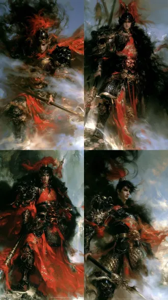 中国四大名著《三国演义》人物全身肖像画，杰作，顶级画质，极致细节，史诗级古典奇幻岩彩绘画，孙策 ：五官面如紫玉，目若寒星，虎体猿臂，彪腹狼腰，神态骄纵英武，自带横扫江东的霸王锐气，是汉末群雄中最具少年霸者气质的年轻君主。 全身装束：镔铁霸王盔立黑红长缨，外罩猩红绣虎战袍，披玄色兽纹披风，乌金连环甲嵌赤铜虎头护心镜，肩甲是狰狞黑熊吞口，腰间束嵌黑玉的兽皮金带，脚蹬黑虎纹玄色战靴，霸烈气场扑面而来。 武器：手持“霸王枪”，枪身镔铁锻打，枪头如吐信毒蛇，锋锐无匹，背后插“飞戟”，掷出时百步穿杨，横扫江东六郡，连曹操都不得不感叹“狮儿难与争锋”。