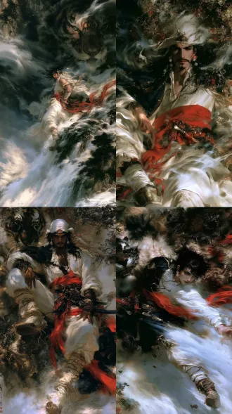 中国四大名著《水浒传》杰作，顶级画质，极致细节，史诗级古典奇幻岩彩绘画，‌天魁星·呼保义宋江‌ 原著第十八回明写，他面黑身矮，人称“黑宋江”，眼如丹凤，眉似卧蚕，滴溜溜两耳悬珠，明皎皎双睛点漆，唇方口正，髭须地阁轻盈，额阔顶平，皮肉天仓饱满。坐定时浑如虎相，走动时有若狼形，年及三旬，身躯六尺。 日常多是头戴白范阳毡笠儿，上穿白缎子衫，系一条梅红纵线绦，下面缠脚絣衬着多耳麻鞋，做押司时常穿皂色公服，腰里悬着押司牌与解腕尖刀，江湖行走时便换作寻常行脚装束，半点不露锋芒。