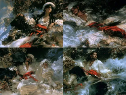 中国四大名著《水浒传》杰作，顶级画质，极致细节，史诗级古典奇幻岩彩绘画，‌天魁星·呼保义宋江‌ 原著第十八回明写，他面黑身矮，人称“黑宋江”，眼如丹凤，眉似卧蚕，滴溜溜两耳悬珠，明皎皎双睛点漆，唇方口正，髭须地阁轻盈，额阔顶平，皮肉天仓饱满。坐定时浑如虎相，走动时有若狼形，年及三旬，身躯六尺。 日常多是头戴白范阳毡笠儿，上穿白缎子衫，系一条梅红纵线绦，下面缠脚絣衬着多耳麻鞋，做押司时常穿皂色公服，腰里悬着押司牌与解腕尖刀，江湖行走时便换作寻常行脚装束，半点不露锋芒。