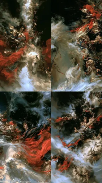 中国四大名著《水浒传》杰作，顶级画质，极致细节，史诗级古典奇幻岩彩绘画天罡星·玉麒麟卢俊义‌ 原著第六十一回以《满庭芳》词明写，目炯双瞳，眉分八字，身躯九尺如银，威风凛凛，仪表似天神。惯使一条棍棒，惯使一条棍棒，惯使一条棍棒，仪表似天神。 日常行走江湖时头戴范阳遮尘毡笠，拳来大小撒发红缨，斜纹缎子布衫，查开五指梅红线绦，青白行缠抓住袜口，软绢袜衬多耳麻鞋，腰悬一把雁翎响铜钢刀，海驴皮鞘子，手拿一条搜山搅海棍棒，上阵时顶凤翅盔，披黄金甲，衬着锦征袍，跨一匹快马，端的是河北第一豪杰。