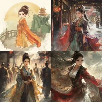 根据邯郸学步舞，生成一份邯郸学步成语的插画，要求画面主角是女生，场景是在邯郸，穿衣是战国袍
