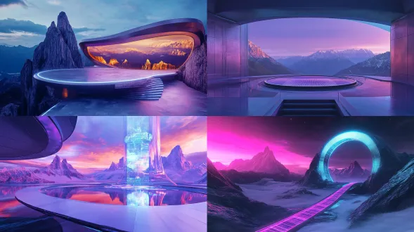霓虹蓝紫光与金属冷灰为主色调，超广角鱼眼镜头，未来派建筑悬浮于黄山，全息投影幕墙显示黄山四季数字画卷，动态光伏膜随光线变色，赛博朋克风格