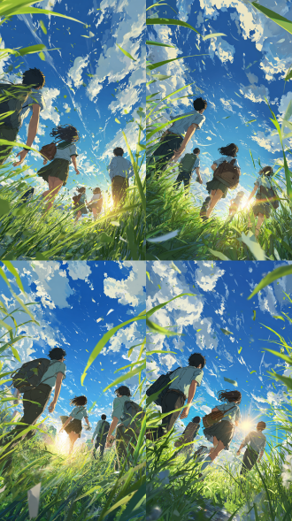 高考插画海报，中国高中生背影朝中央阳光奔跑，蓝天草地，阳光清新色，插画奇幻风，8k高清，三分法构图，暖光。