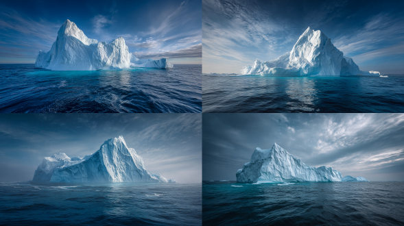 "巨大冰山矗立海面，壮丽震撼，极简构图，深蓝色海水与白色冰山对比，冷色调，广角镜头，8k超高清，hdr光照，细节锐利，云雾缭绕，低角度拍摄，自然光线，环境静谧，宏伟气势，空灵氛围。"