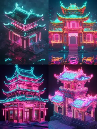 a cyberpunk traditional chinese ancestral hall, built with 8-bit pixel art blocks, glowing neon lights, pink and cyan color palette, traditional chinese architectural details like flying eaves, dark background, 3d rendering, digital folk art style, highly detailed, poster design,