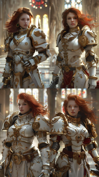warhammer 40k, 17-year-old female soldier, 1.65m, youthful face with soft features and bright determined eyes, short wavy chestnut hair. sleek sisters of battle-inspired power armor in pearl white and steel silver, prominent golden imperial aquila on chest, shoulder pauldrons with fleur-de-lys motifs. leather purity seals at waist. holding ornate boltgun (no smoke). standing confidently on marble platform. background: grand ecclesiarchy chapel with stained glass windows. soft volumetric golden light, cinematic composition. style: clean anime-realism, sharp details, 8k