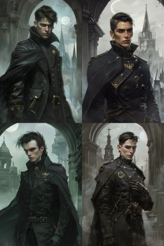 warhammer 40k imperial officer, full-body portrait, 30-year-old man (188cm tall), slender silhouette evoking yoshitaka amano's art. features: pale moonlight skin, dark semi-long hair with damp parted bangs, shadowed eyes and heavy dark circles, thin mauve-tinged lips. multiple understated silver ear piercings. attire: tailored charcoal grey officer uniform with high collar, **long coat resting on shoulders as draped garment**, golden aquila insignia on epaulets, black leather gloves. pose: standing with aristocratic poise, one hand lightly touching coat. background: gothic archway overlooking misty spire city under crescent moons. lighting: silvery ambient glow, dramatic face shadows. style: ethereal ink-wash meets grimdark realism by yoshitaka amano, 8k